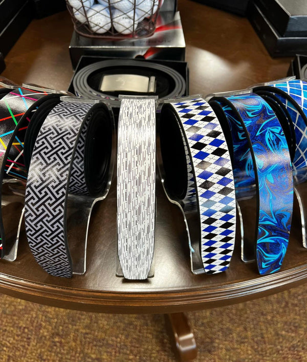 Colorful leather belts for golfers on or off the course. Colorful leather belts that fit anyone: men, women, teens, and kids 