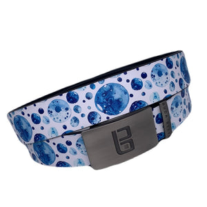 Bubbles golf belt from Buca Belts, offering a vibrant and unique design. A perfect gift for golfers or those looking to add a stylish touch to their gear. Features a convenient ratchet buckle for easy adjustment.