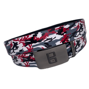 Scarlet Camo golf belt from Buca Belts, offering a vibrant and unique design. A perfect gift for golfers or those looking to add a stylish touch to their gear. Ideal for those Ohio State belt fans. Features a convenient ratchet buckle for easy adjustment.