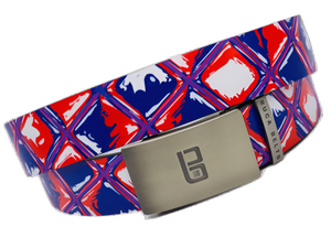 Patriot golf belt from Buca Belts, offering a vibrant and unique design. A perfect gift for golfers or those looking to add a stylish touch to their gear. Ideal for those looking to show off a red, white and blue belt. Features a convenient ratchet buckle for easy adjustment.